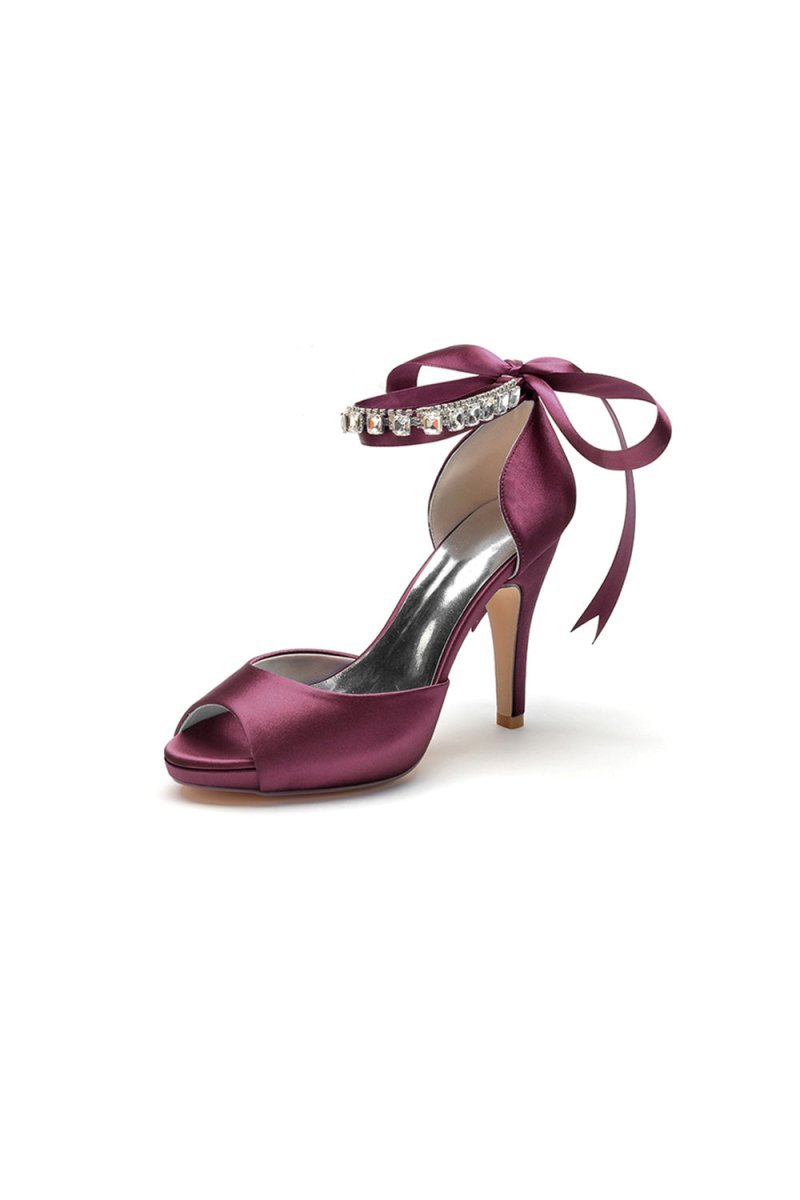 Peep Toe Stiletto Heels with Ankle Rhinestone Strap - BOLODOO