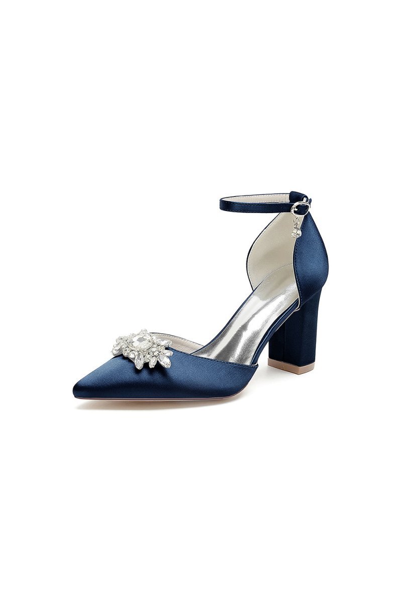 Pointed Toe Ankle Strap Chunky Heel With Rhinestone - BOLODOO