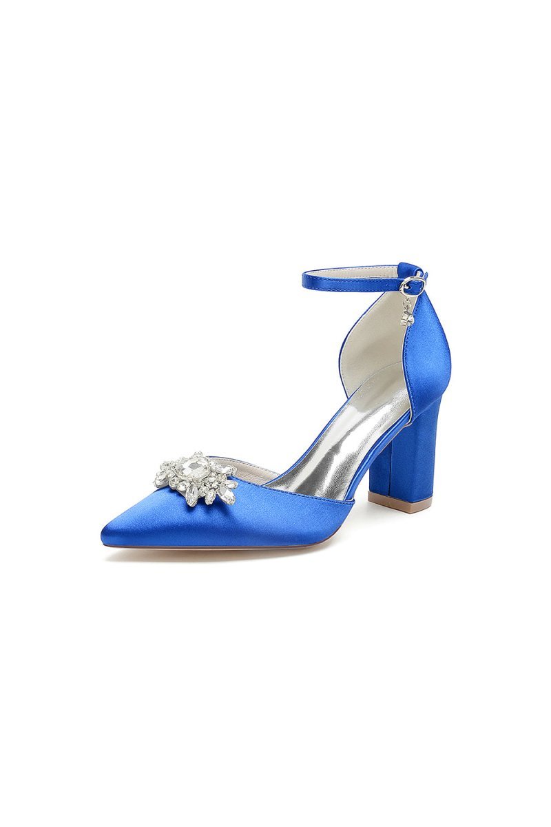Pointed Toe Ankle Strap Chunky Heel With Rhinestone - BOLODOO