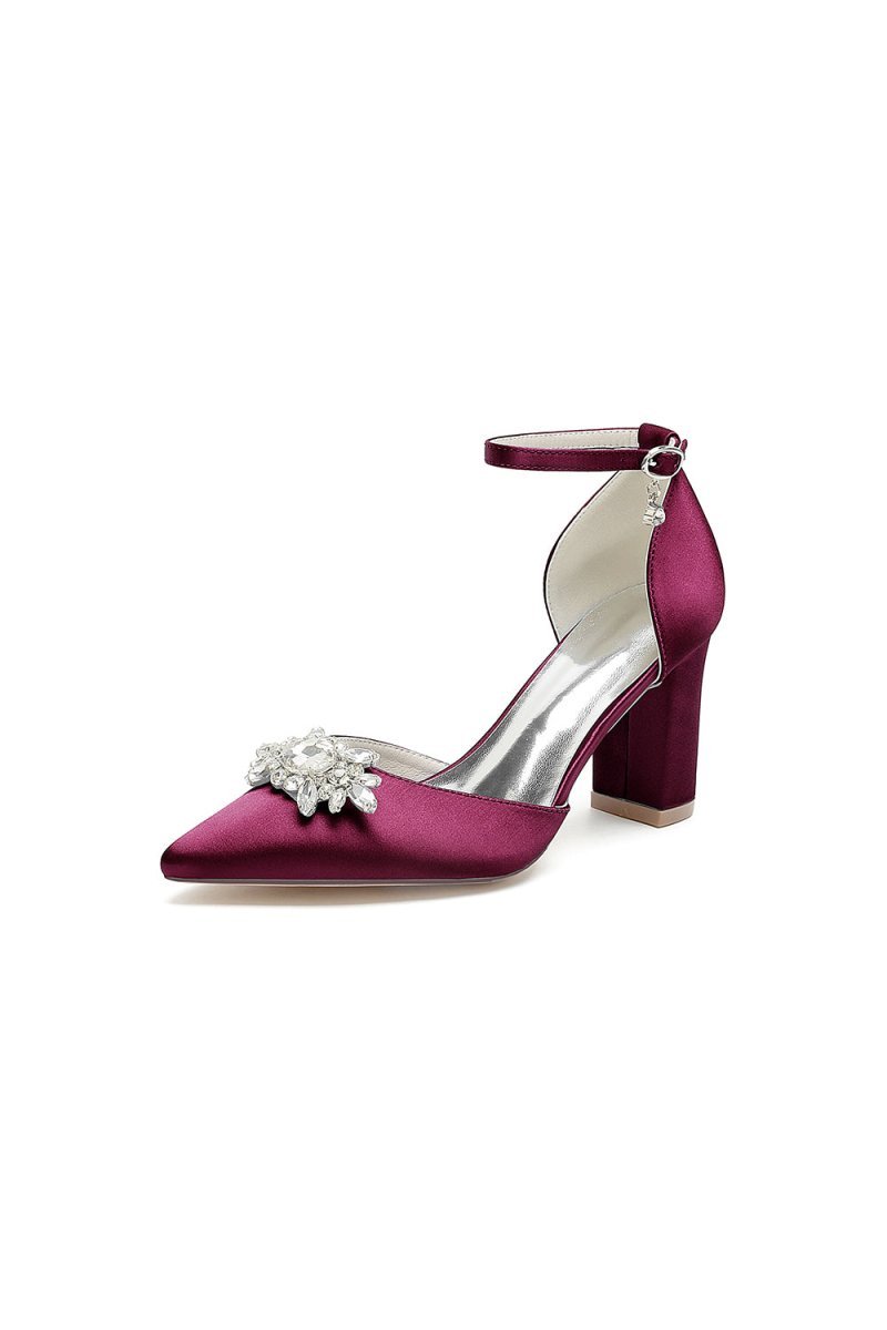 Pointed Toe Ankle Strap Chunky Heel With Rhinestone - BOLODOO