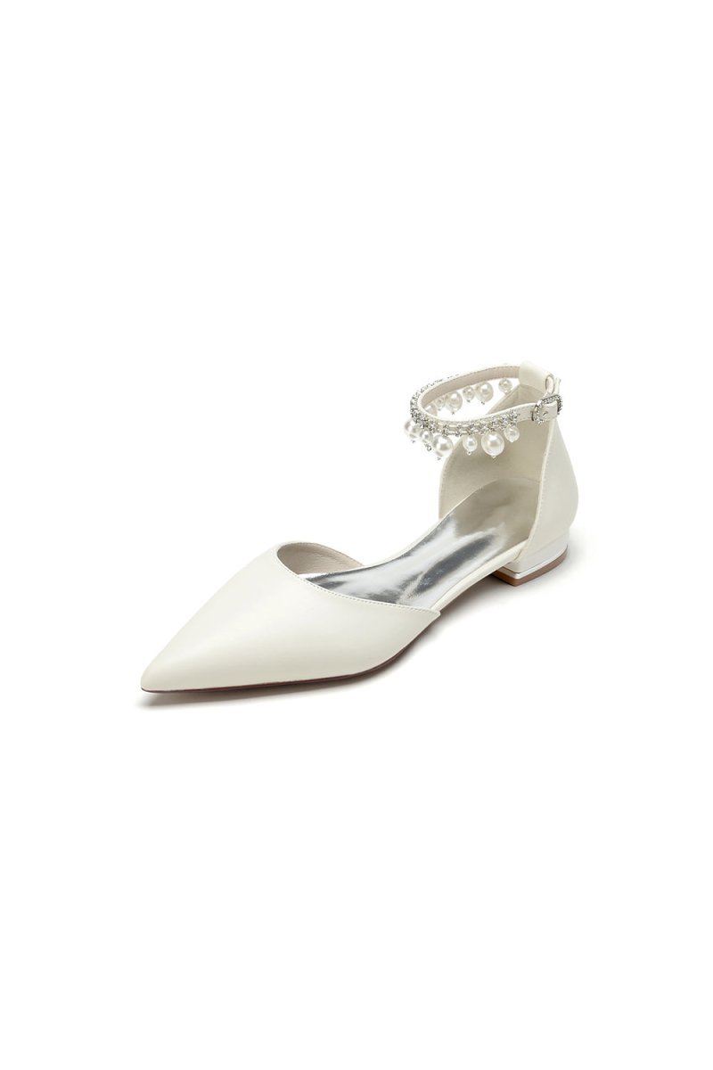 Pointed Toe Ankle Strap Pearl Beaded Low Heels - BOLODOO