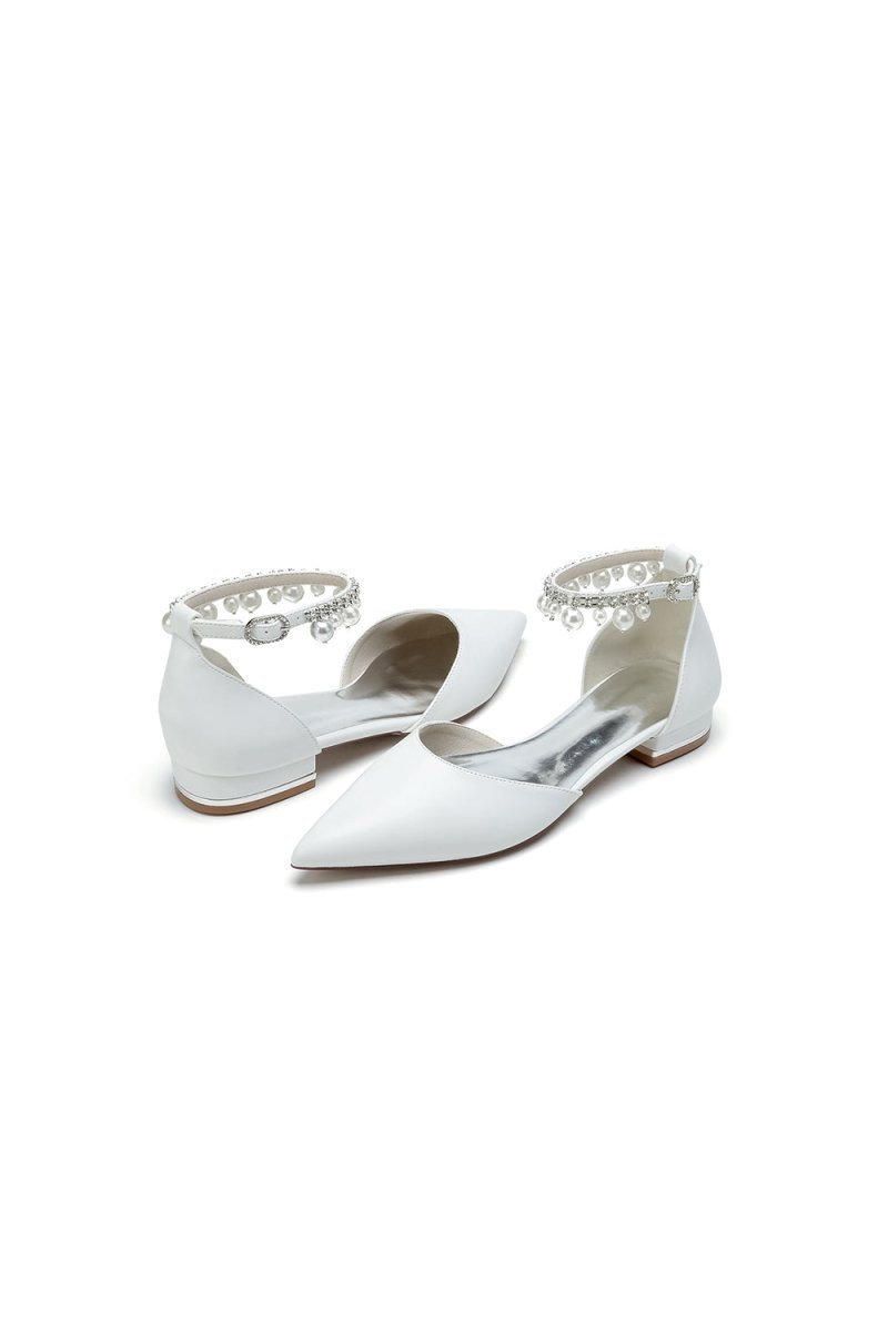 Pointed Toe Ankle Strap Pearl Beaded Low Heels