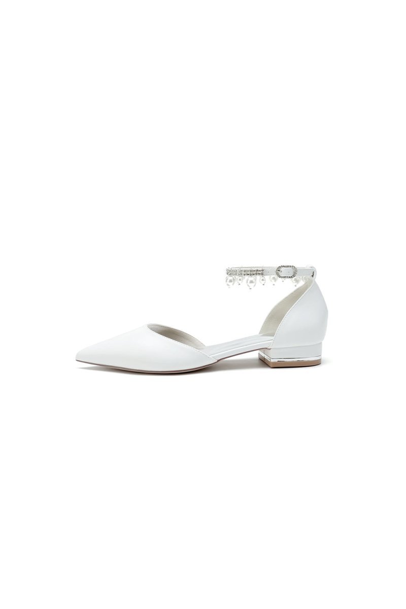 Pointed Toe Ankle Strap Pearl Beaded Low Heels