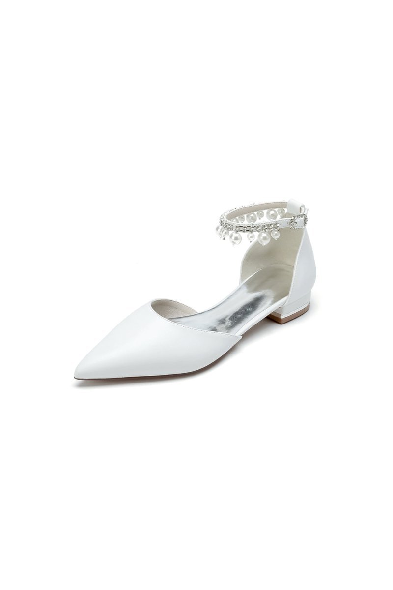 Pointed Toe Ankle Strap Pearl Beaded Low Heels - BOLODOO