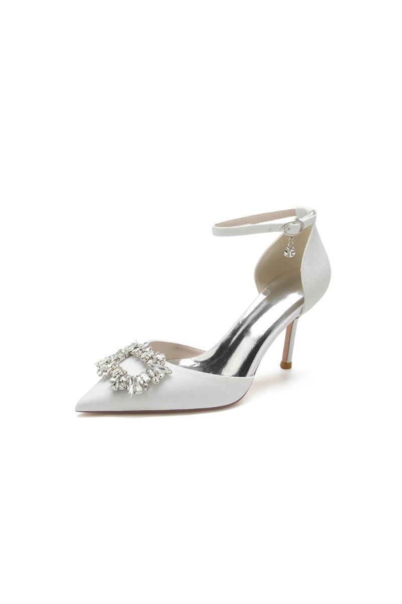 Pointed Toe Ankle Strap Stiletto Heels With Rhinestone - BOLODOO