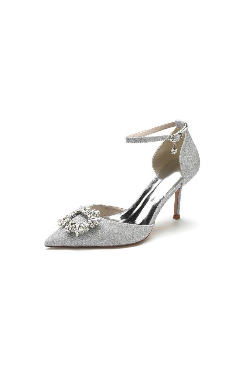 Pointed Toe Ankle Strap Stiletto Heels With Rhinestone - BOLODOO
