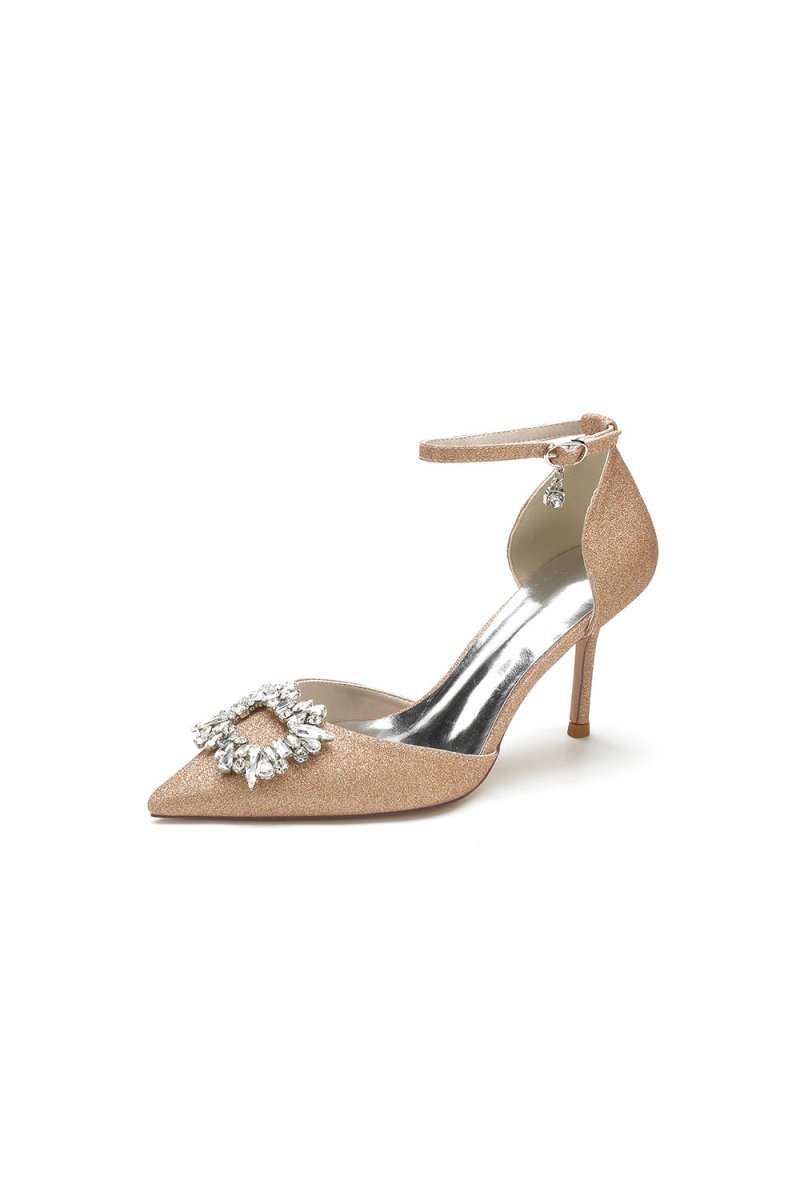 Pointed Toe Ankle Strap Stiletto Heels With Rhinestone - BOLODOO