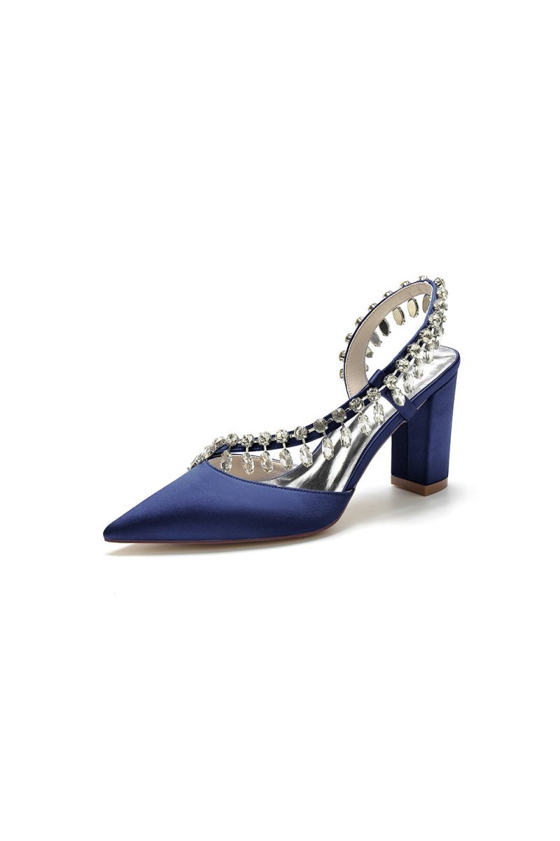 Pointed Toe Beaded Slip - on Satin Chunky Heels - BOLODOO