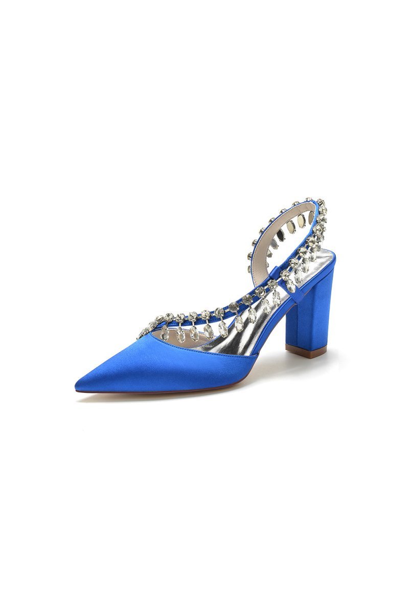 Pointed Toe Beaded Slip - on Satin Chunky Heels - BOLODOO
