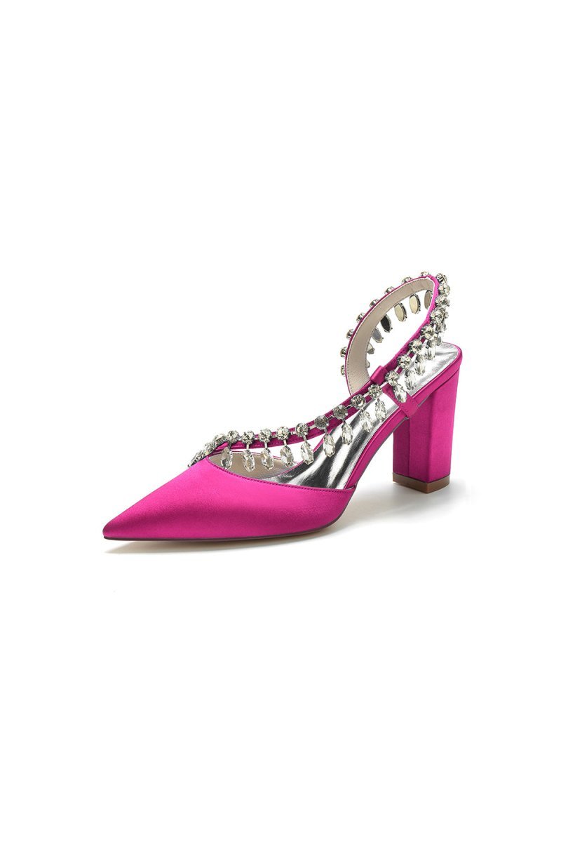 Pointed Toe Beaded Slip - on Satin Chunky Heels - BOLODOO
