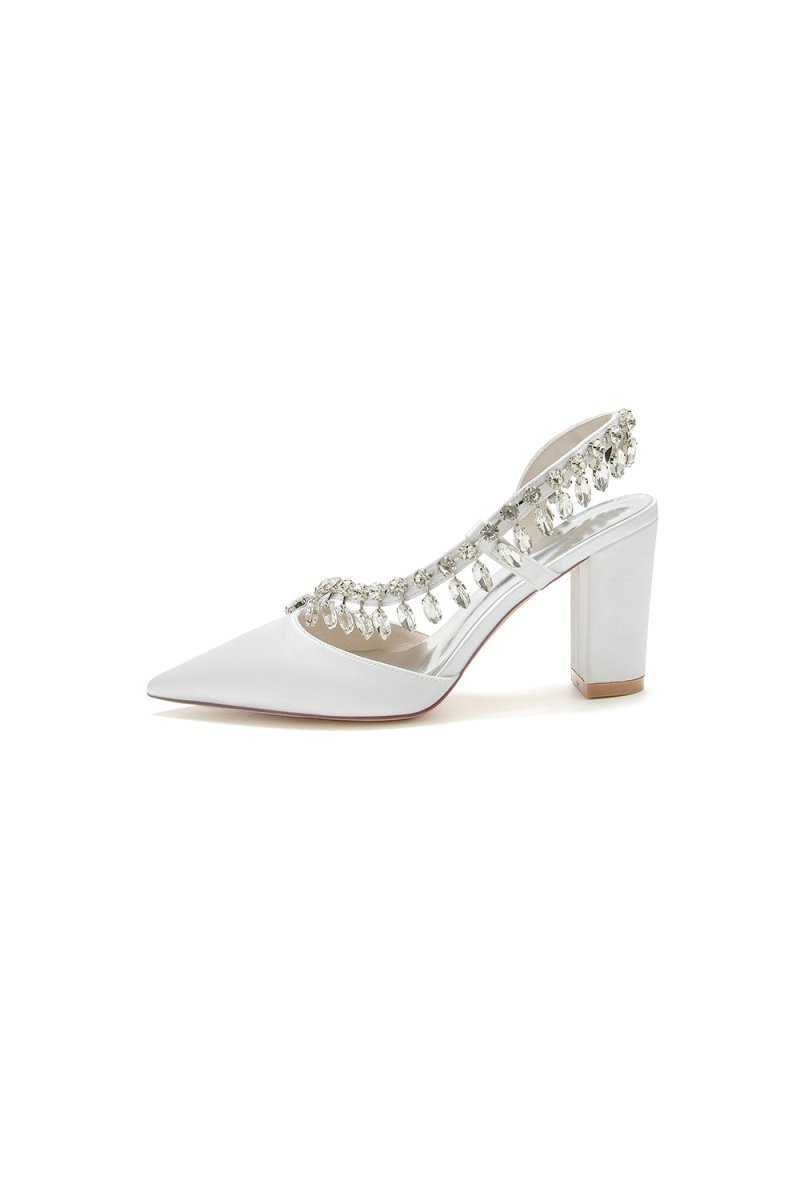Pointed Toe Beaded Slip-on Satin Chunky Heels