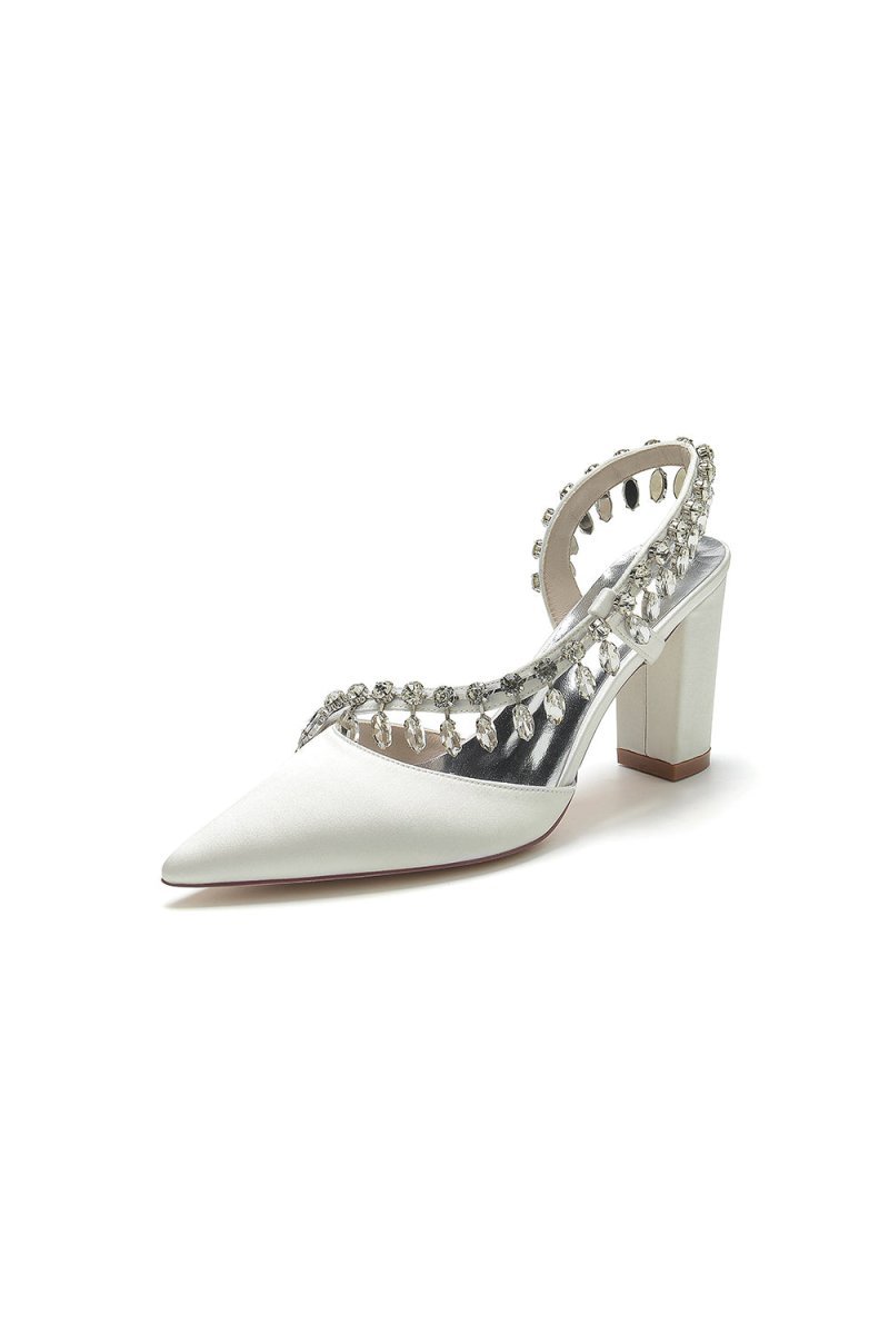 Pointed Toe Beaded Slip - on Satin Chunky Heels - BOLODOO