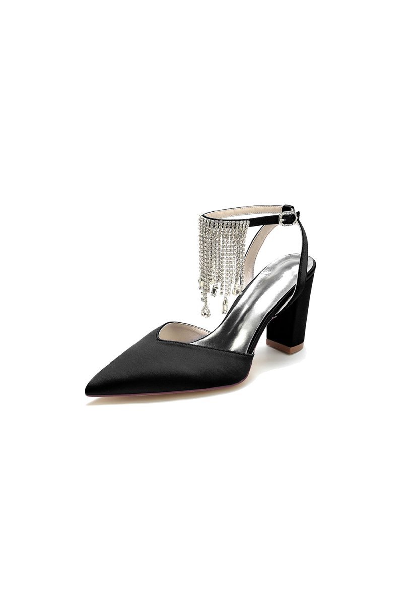Pointed Toe Beading Tassel Satin Chunky Heels - BOLODOO