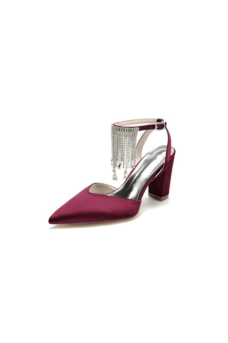 Pointed Toe Beading Tassel Satin Chunky Heels - BOLODOO