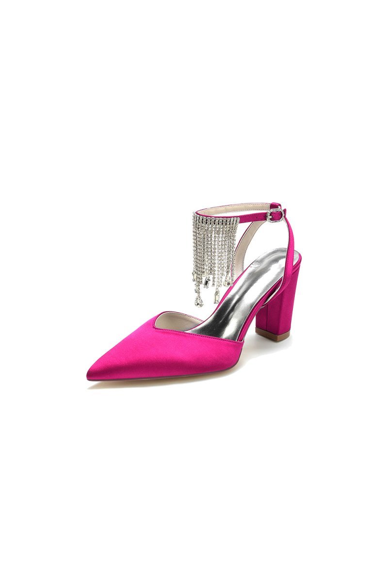 Pointed Toe Beading Tassel Satin Chunky Heels - BOLODOO
