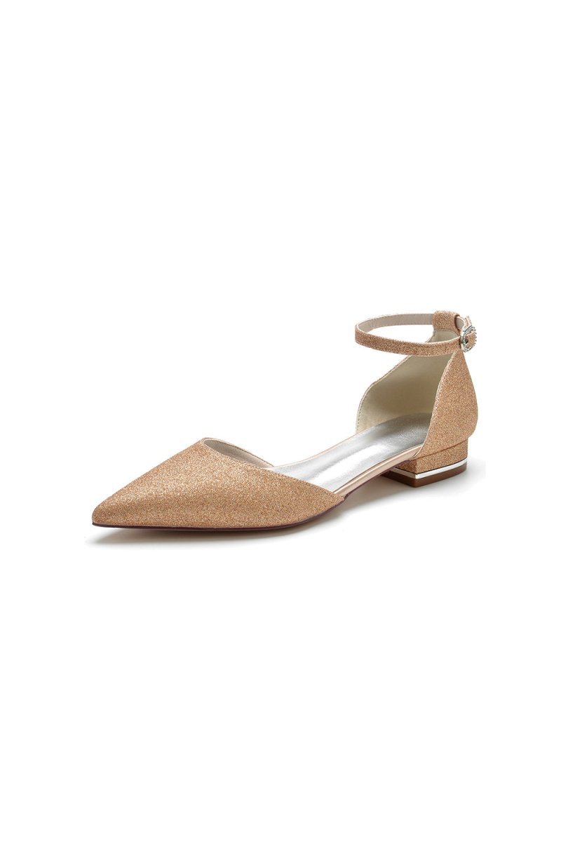 Pointed Toe Crystal Ankle Strap Low Heels - BOLODOO