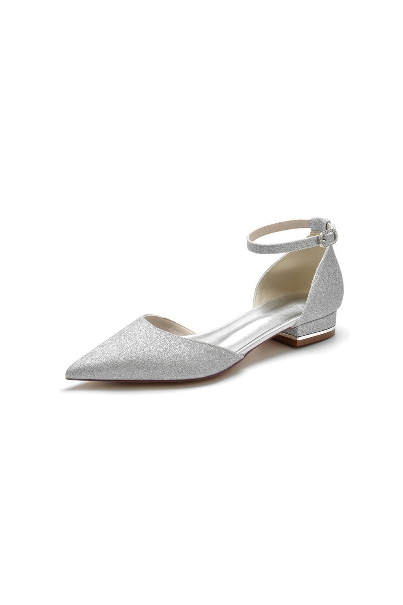 Pointed Toe Crystal Ankle Strap Low Heels - BOLODOO