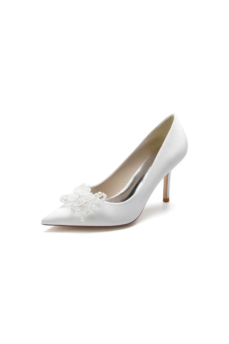 Pointed Toe Crystal & Pearl Flower Heels - BOLODOO