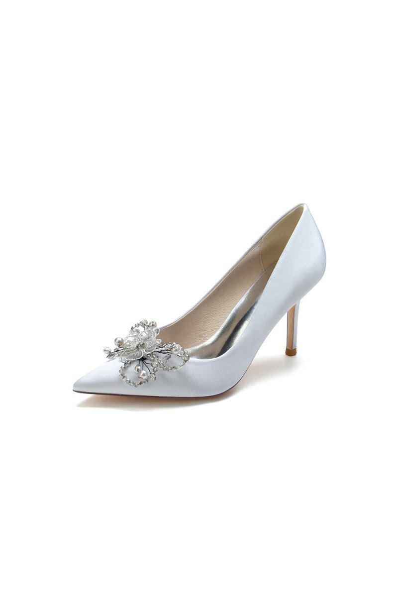 Pointed Toe Crystal & Pearl Flower Heels - BOLODOO