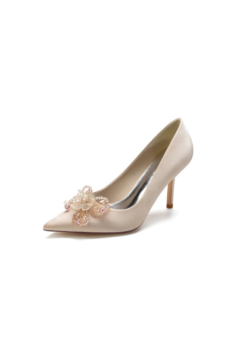 Pointed Toe Crystal & Pearl Flower Heels - BOLODOO