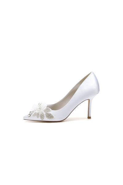Pointed Toe Satin Bridal Heels with Crystal Flower