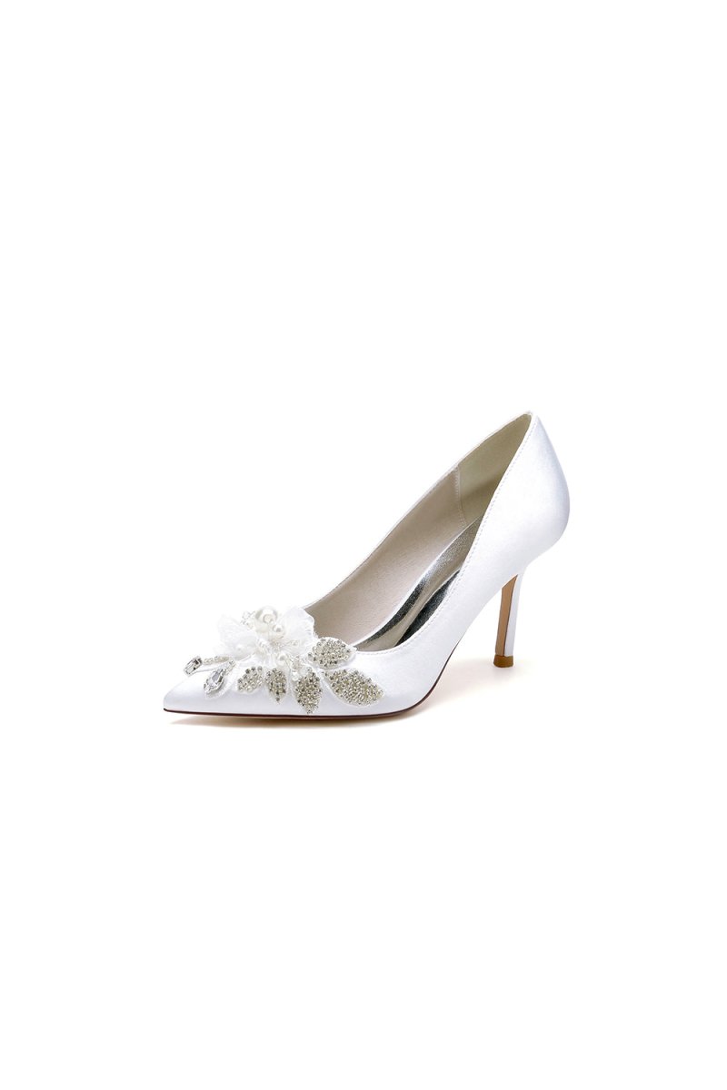 Pointed Toe Satin Bridal Heels with Crystal Flower - BOLODOO
