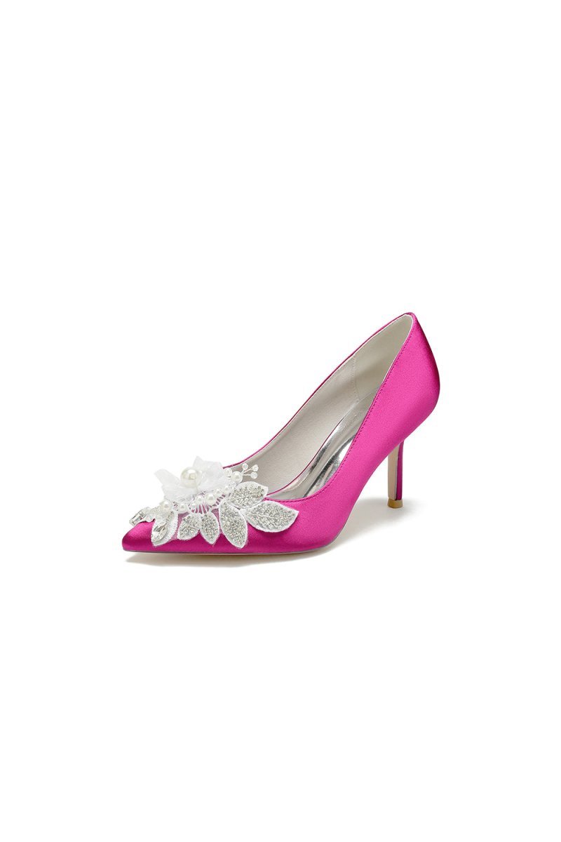 Pointed Toe Satin Bridal Heels with Crystal Flower - BOLODOO