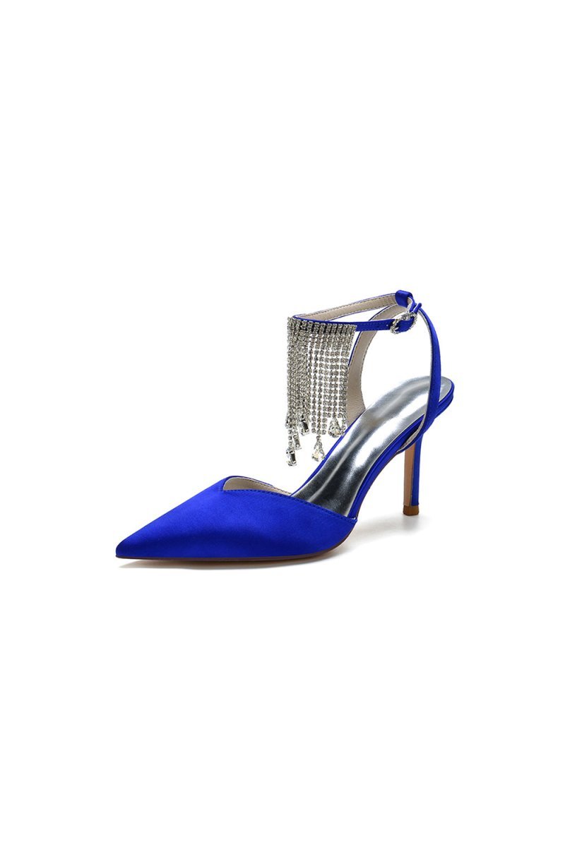 Pointed Toe Crystal Tassel Strap Heels - BOLODOO