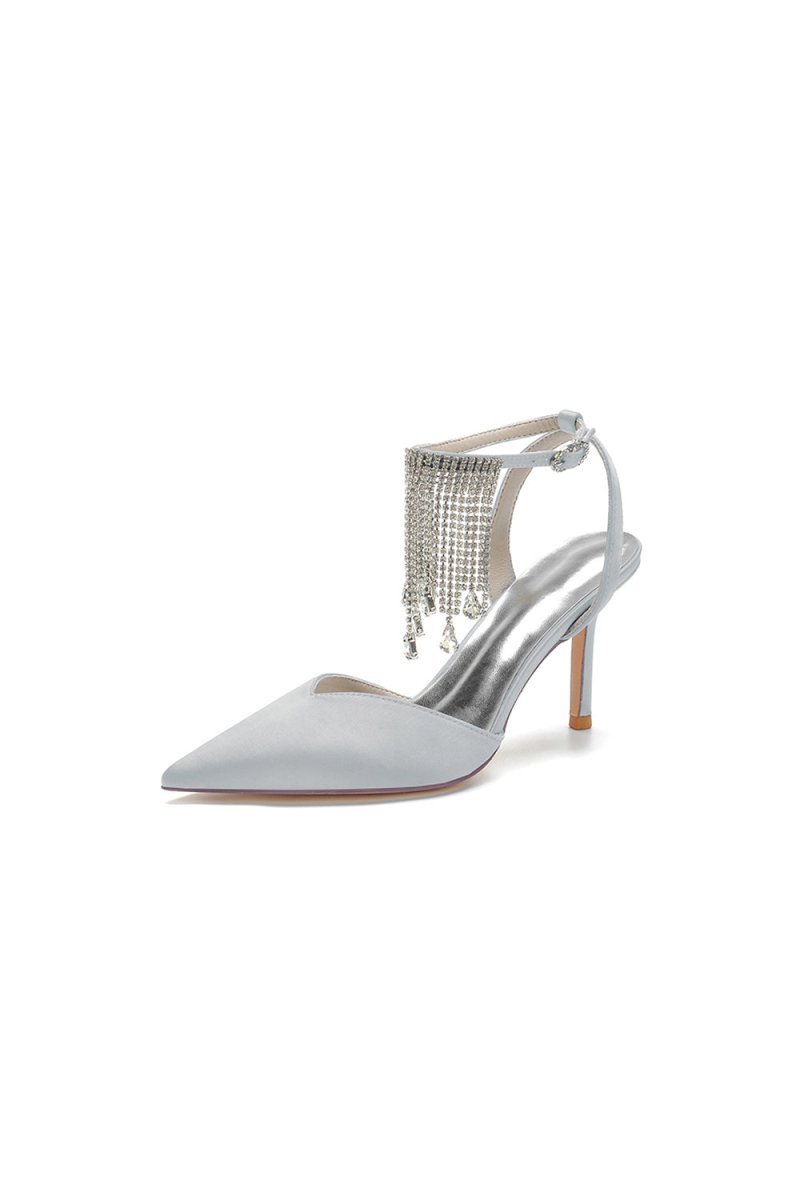 Pointed Toe Crystal Tassel Strap Heels - BOLODOO