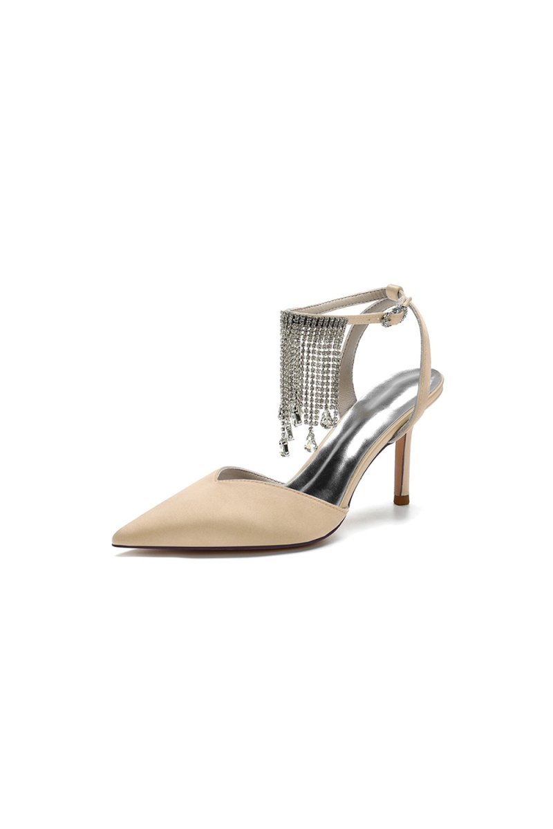 Pointed Toe Crystal Tassel Strap Heels - BOLODOO