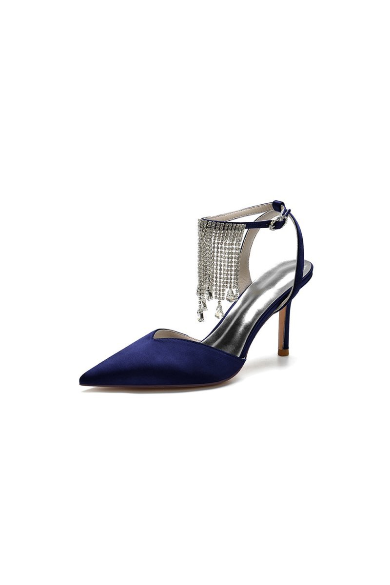 Pointed Toe Crystal Tassel Strap Heels - BOLODOO