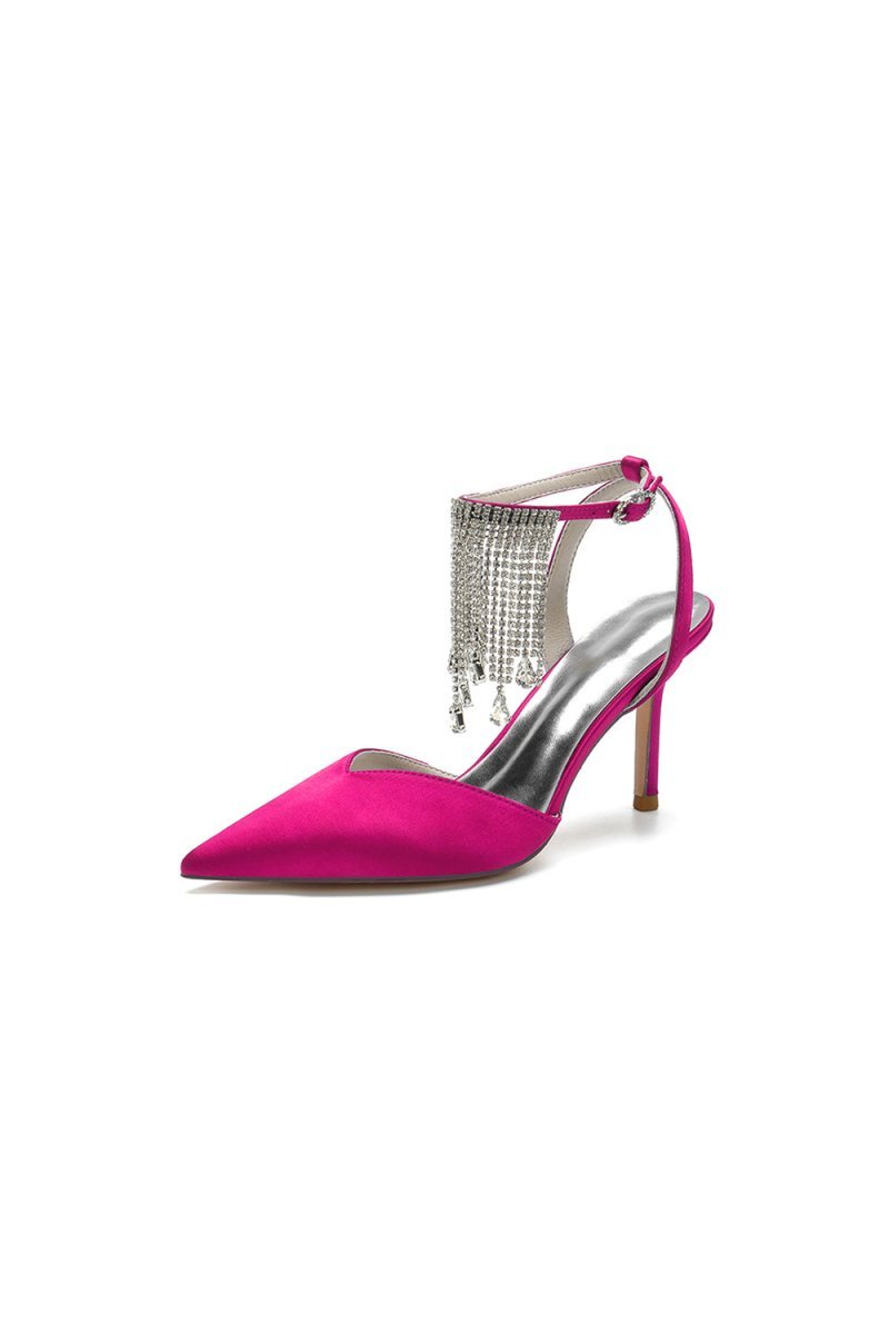 Pointed Toe Crystal Tassel Strap Heels - BOLODOO