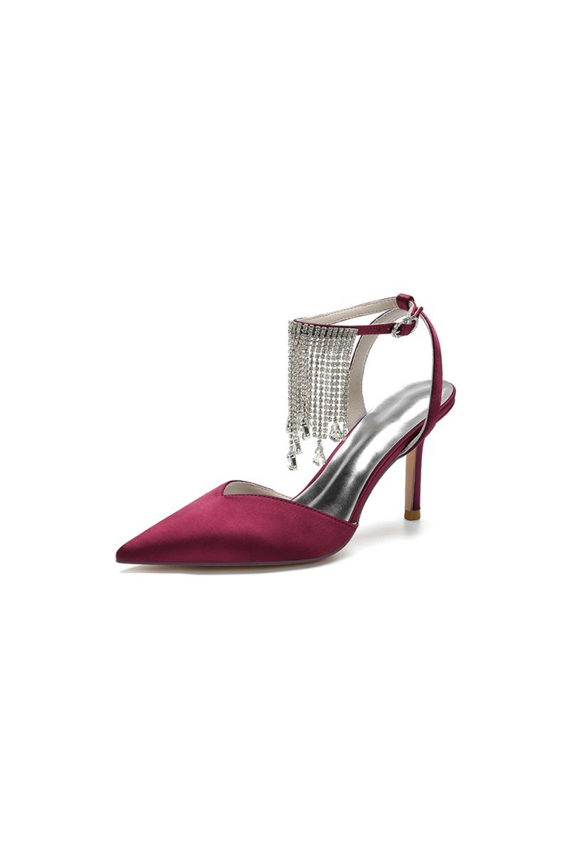 Pointed Toe Crystal Tassel Strap Heels - BOLODOO