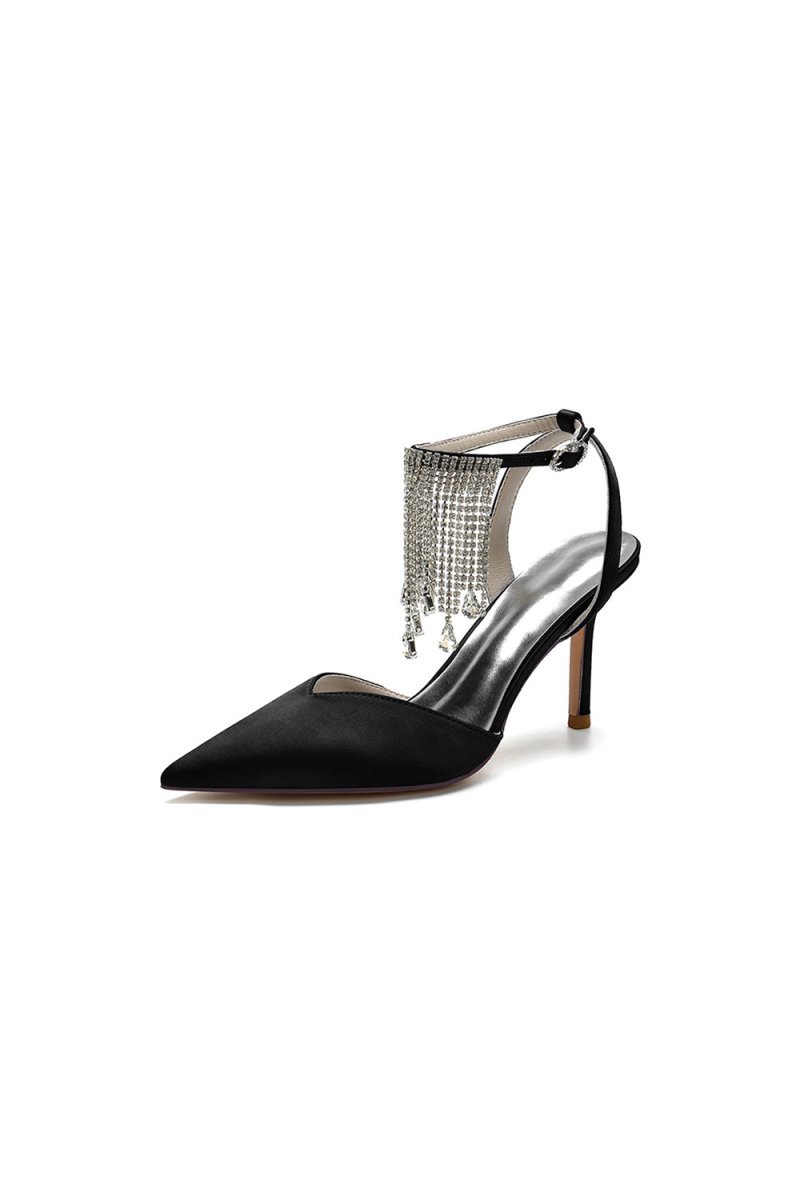 Pointed Toe Crystal Tassel Strap Heels - BOLODOO