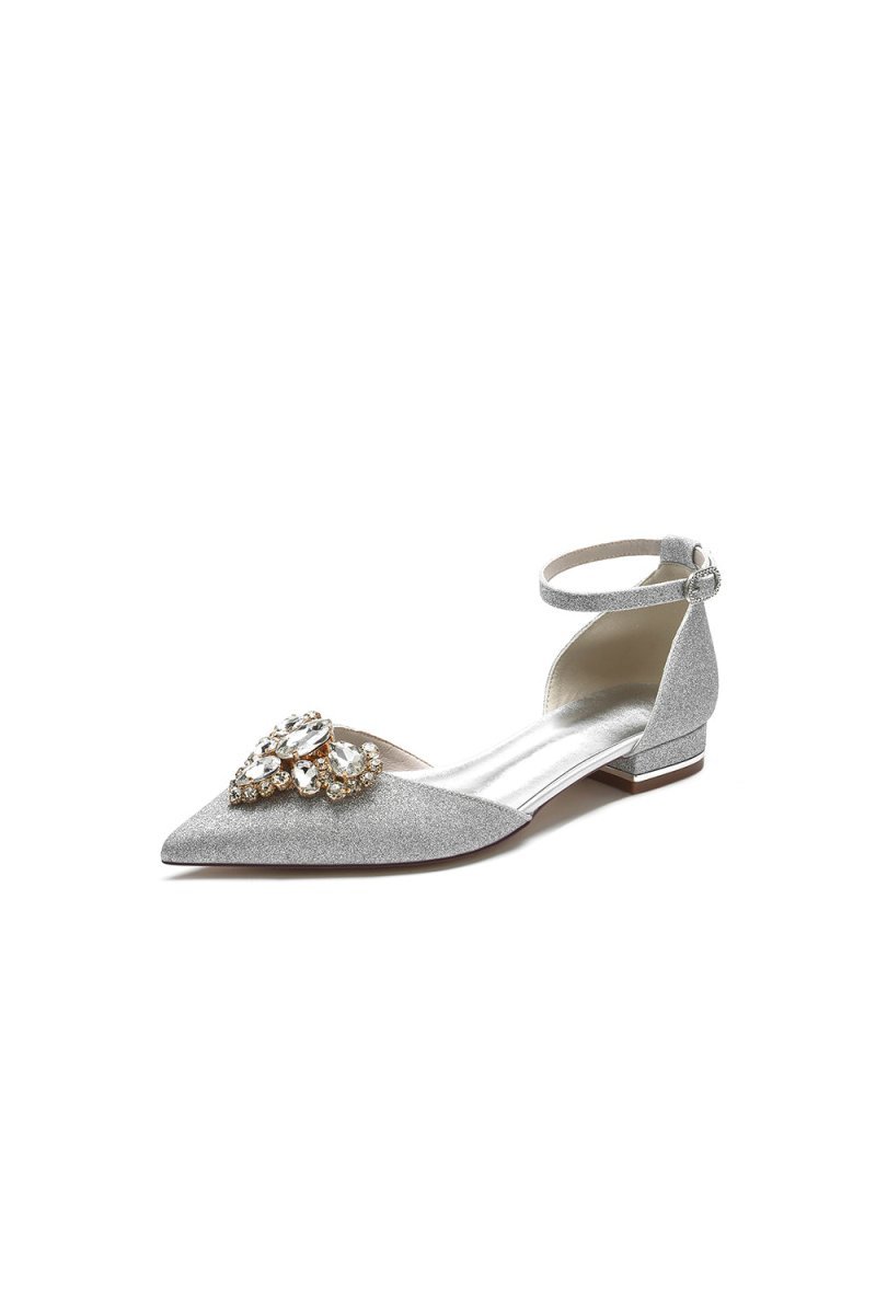 Pointed Toe Glitter Ankle Strap Low Heels With Rhinestone - BOLODOO