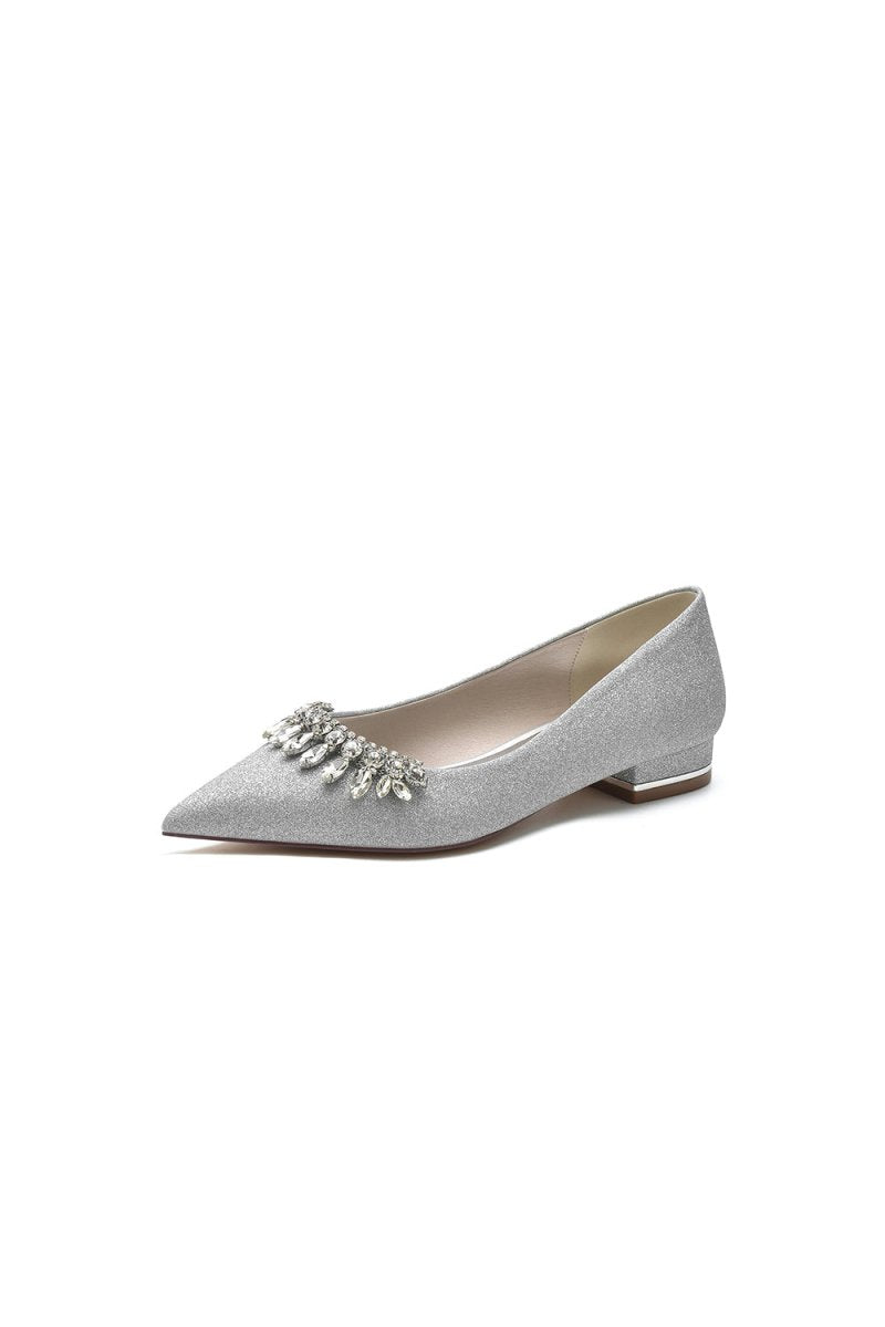 Pointed Toe Glitter Low Heels With Rhinestone - BOLODOO