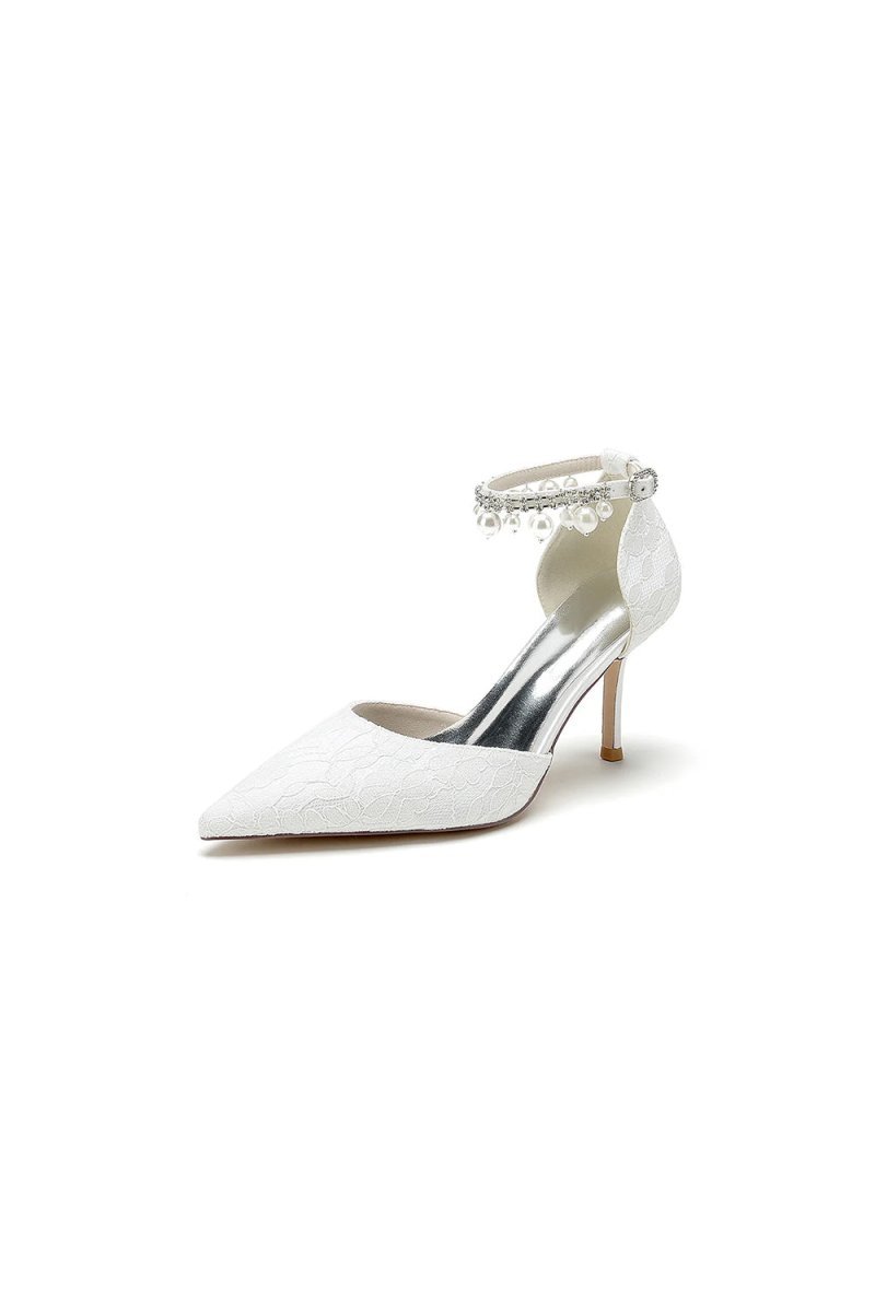 Pointed Toe Bridal Heels Pearl Strap - BOLODOO