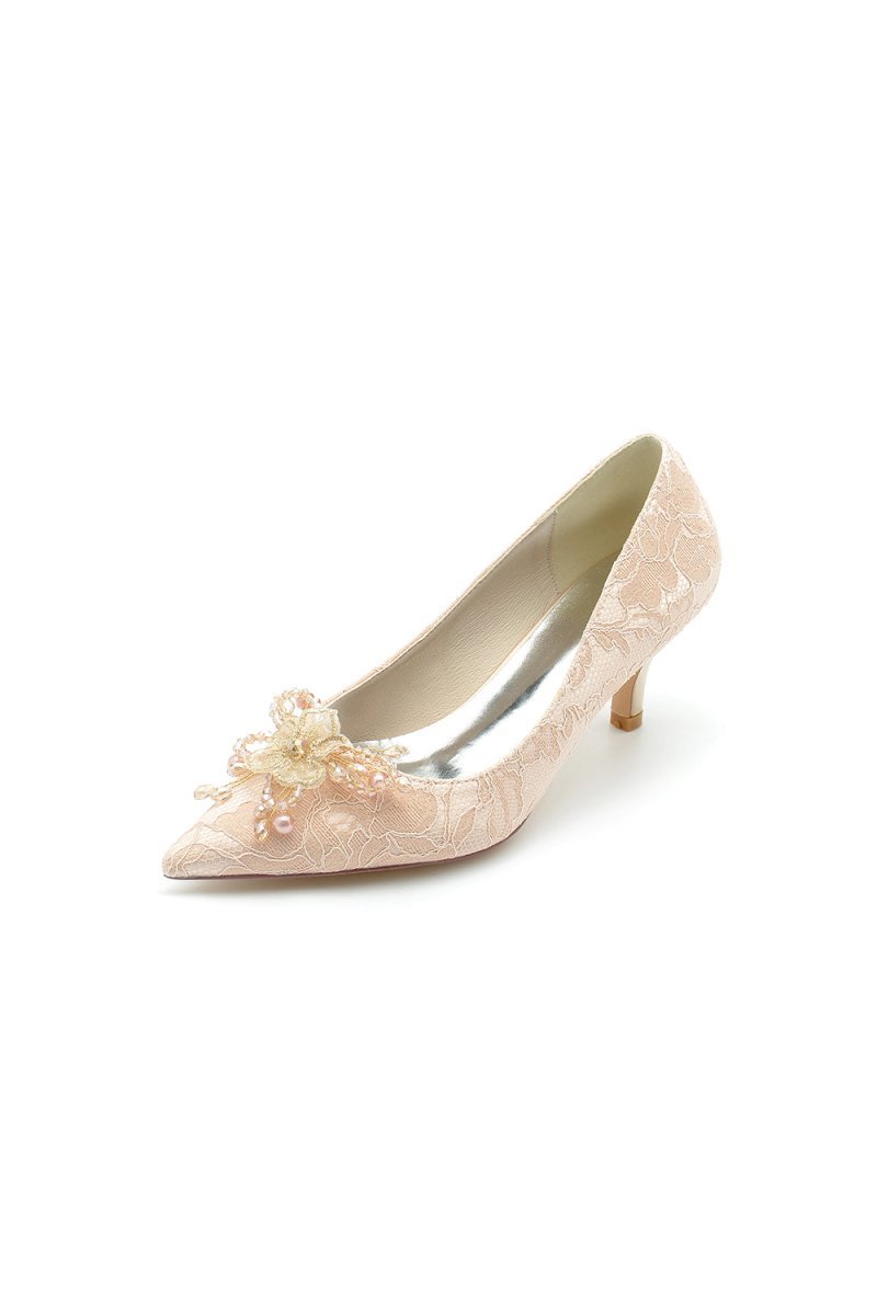 Pointed Toe Lace Wedding Shoes with Flower - BOLODOO