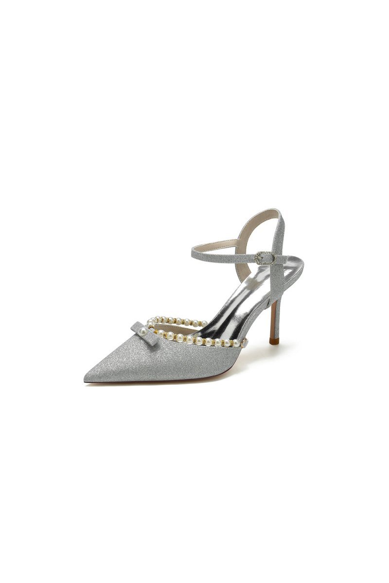 Pointed Toe Pearl Glitter Wedding Shoes With Bow - BOLODOO