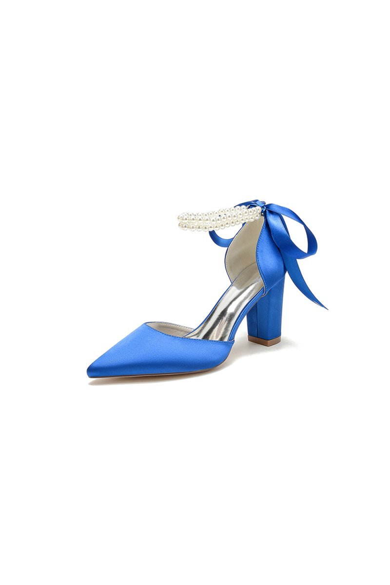 Pointed Toe Pearl Ribbon Ankle Strap Chunky Heel - BOLODOO