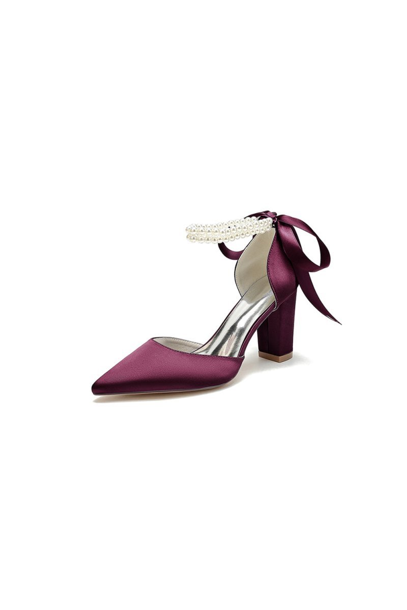Pointed Toe Pearl Ribbon Ankle Strap Chunky Heel - BOLODOO