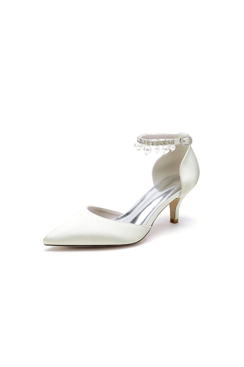 Pointed Toe Pearl Strap Kitten Heels - BOLODOO