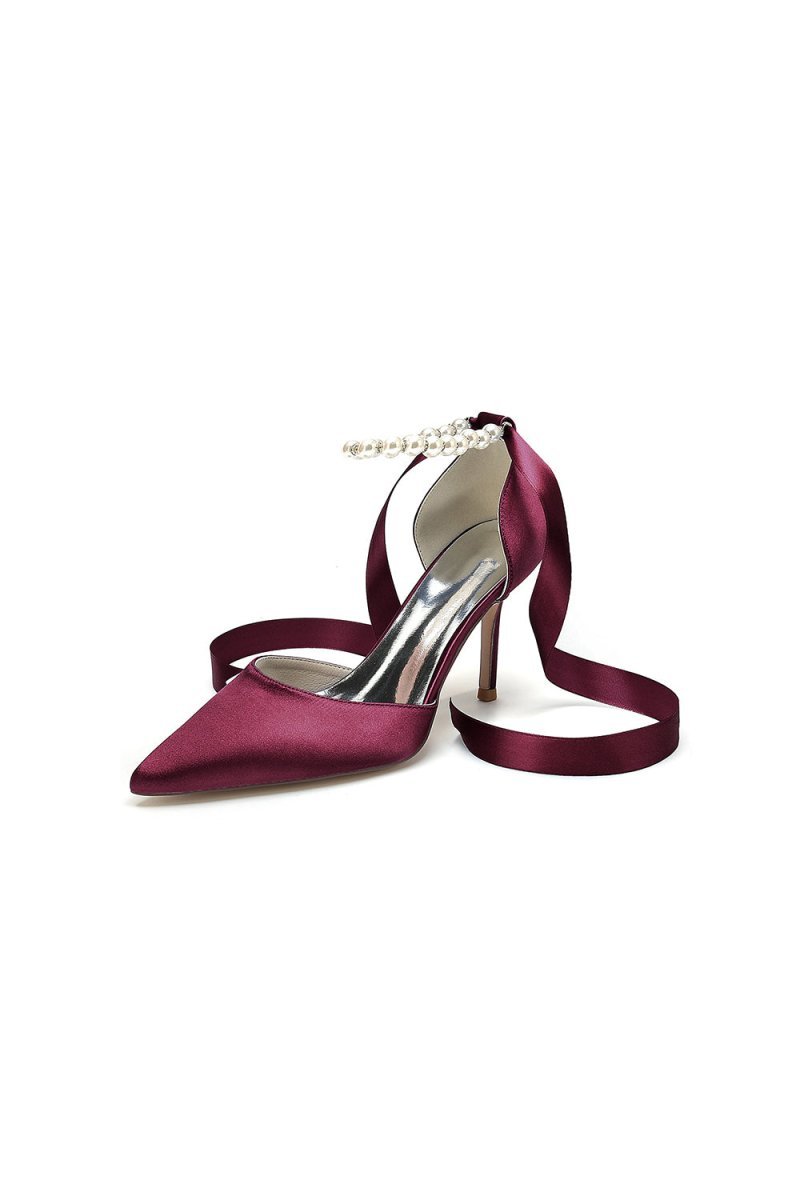 Pointed Toe Pearl Strap Ribbon Tie High Heel - BOLODOO