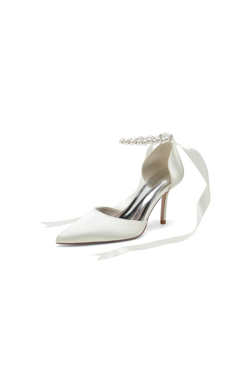 Pointed Toe Pearl Strap Ribbon Tie High Heel - BOLODOO