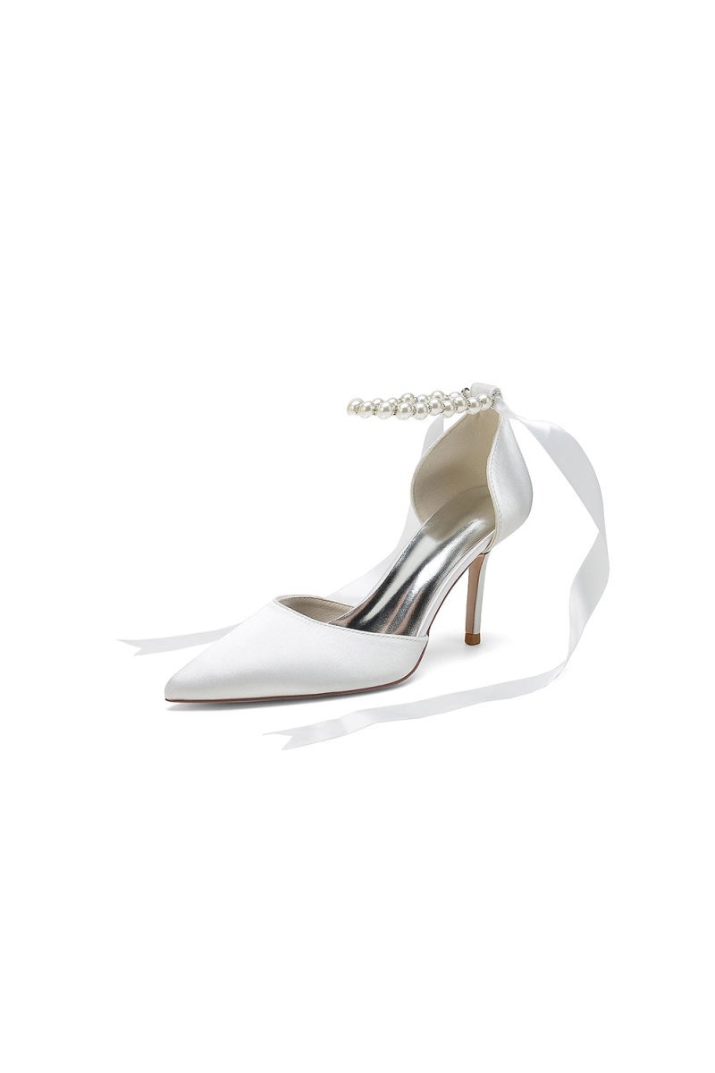 Pointed Toe Pearl Strap Ribbon Tie High Heel - BOLODOO