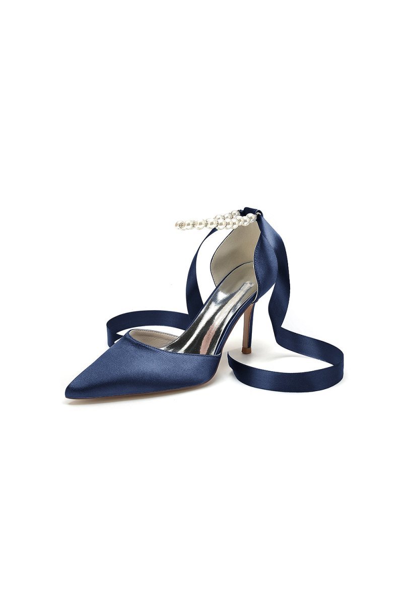 Pointed Toe Pearl Strap Ribbon Tie High Heel - BOLODOO