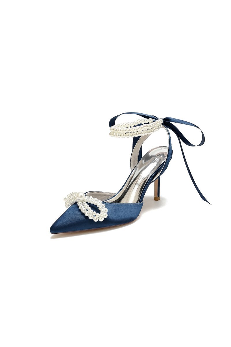 Pointed Toe Pearl Strap with Ribbon Tie - BOLODOO