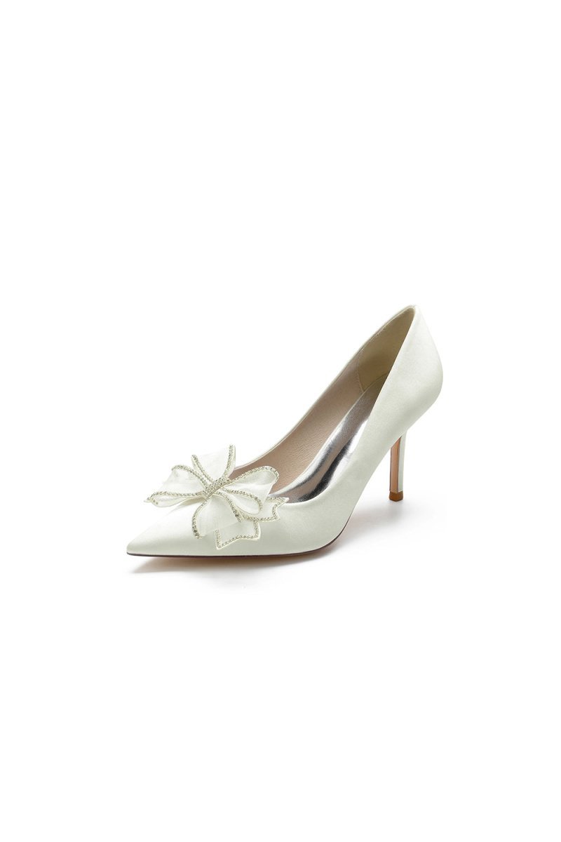 Champagne Pointed Toe Wedding Heels with Bow - BOLODOO