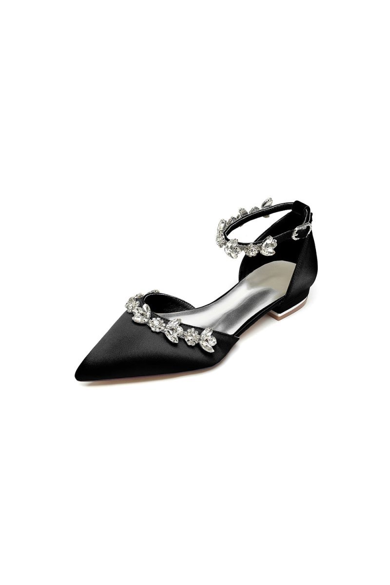 Pointed Toe Rhinestone Beaded Ankle Strap Kitten Heels - BOLODOO