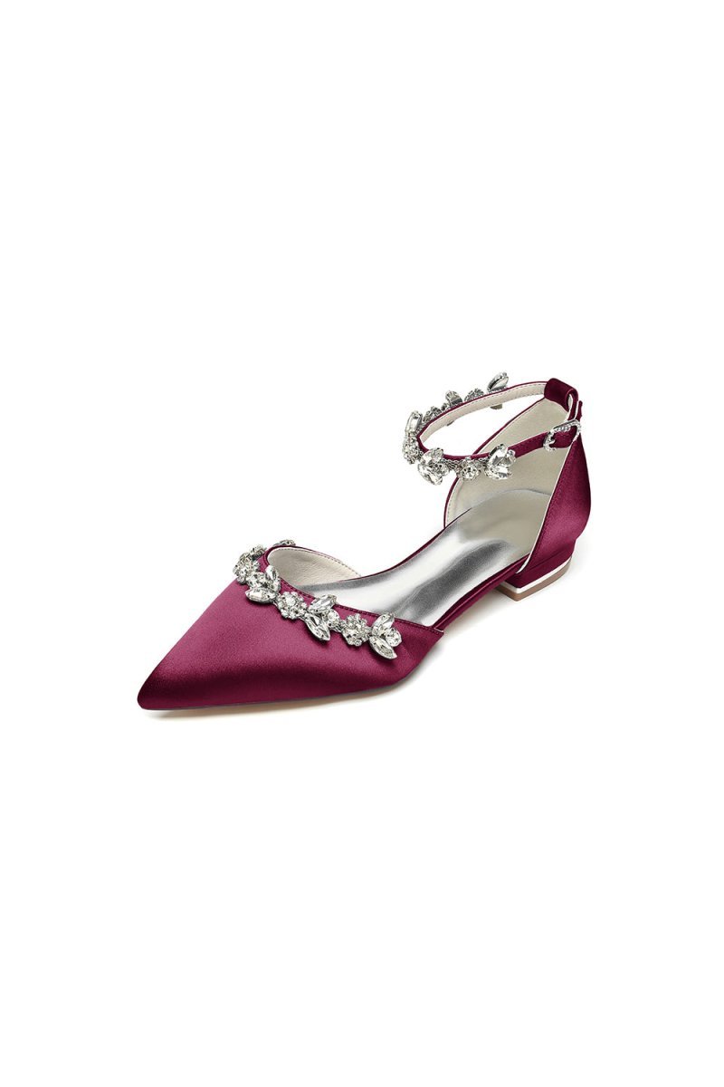Pointed Toe Rhinestone Beaded Ankle Strap Kitten Heels - BOLODOO